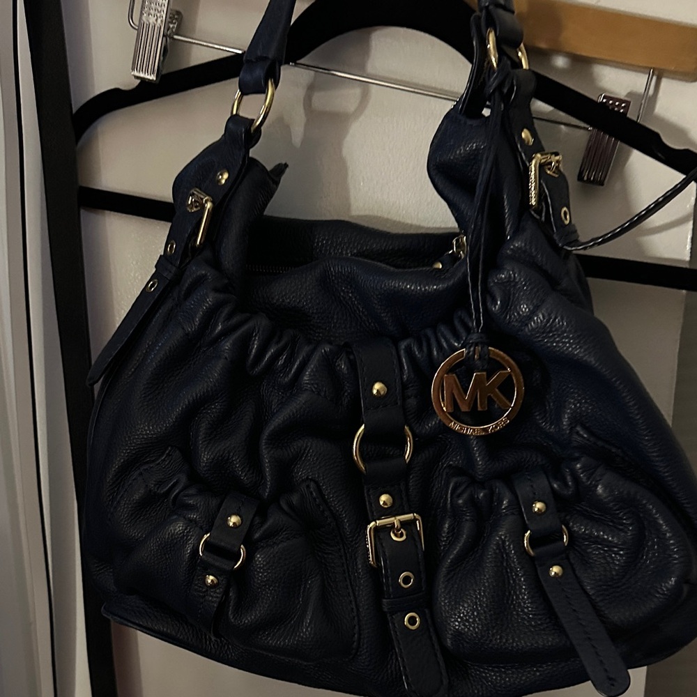 Vintage Michael Kors Navy Blue Shoulder Bag with Gold Accents